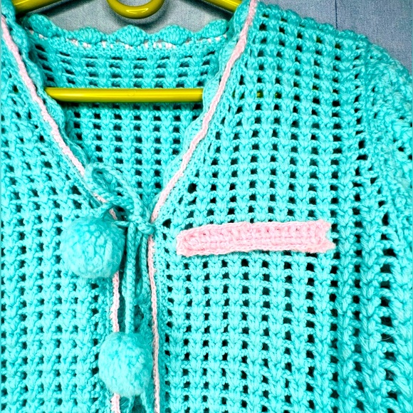 Pink and Aqua Crocheted Top with Pom Poms - Picture 6 of 6